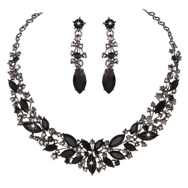 austrian crystal necklace and earrings bridal wedding party jewelry sets black