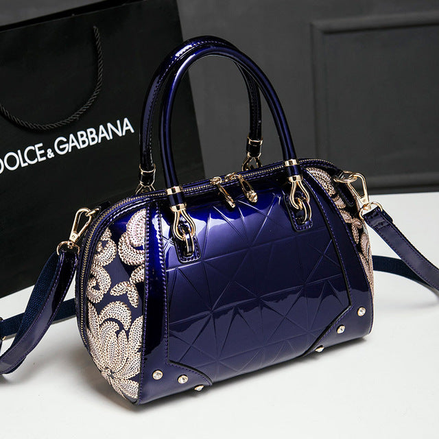 new luxury handbag women bag designer top quality patent leather ladies evening bags business messenger bag boston shoulder blue / (20cm<max length<30cm)
