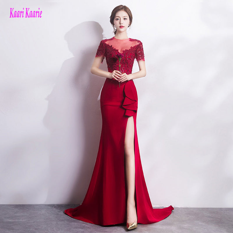 brilliant burgundy mermaid evening gowns long new sexy black evening party dresses o-neck appliques zipper formal dress