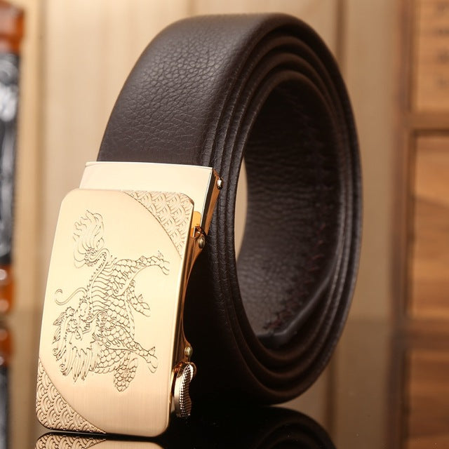 2018 new hot designer belt men high quality luxury fiber leather lion famous brand automatic buckle 140 cm 150 160 busines brown