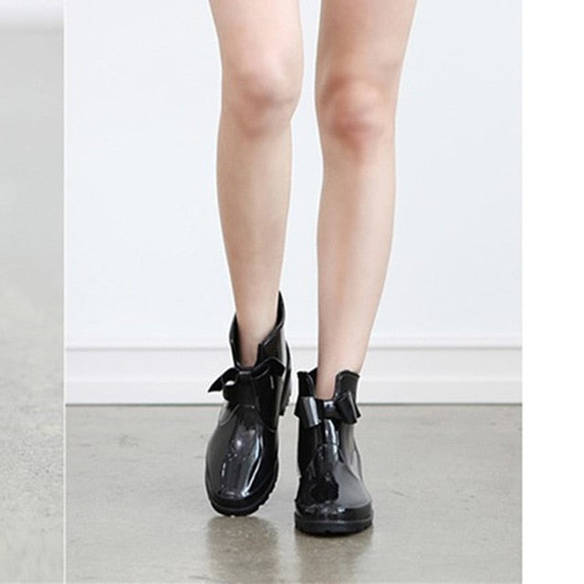 rouroliu bowtie ankle rain boots women flat heels