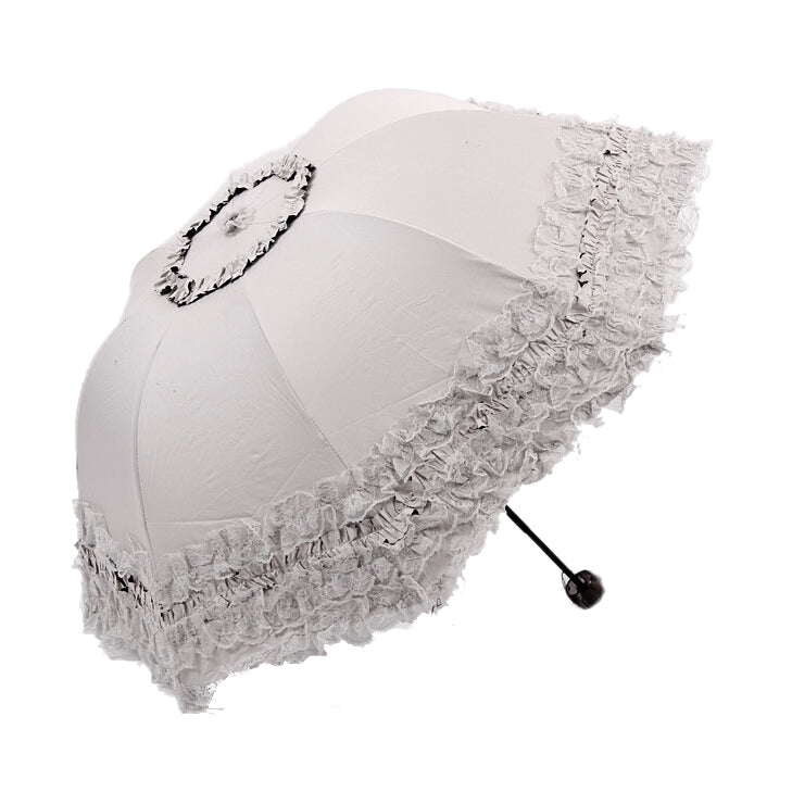 meof women's princess dome/birdcage sun/rain folding umbrella for wedding lace trim beige