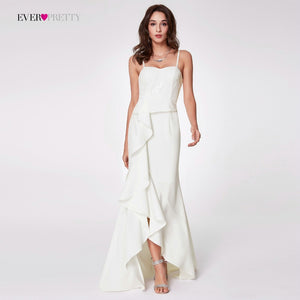 ever pretty women's fashion simple backless spaghetti strap long white party evening dresses with ruffles