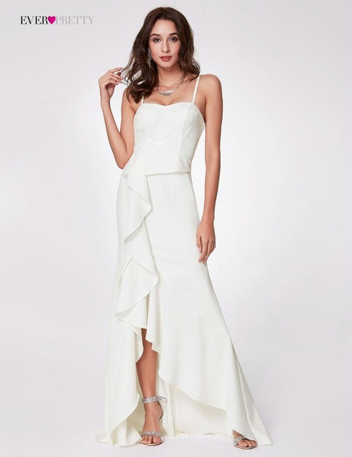 ever pretty women's fashion simple backless spaghetti strap long white party evening dresses with ruffles