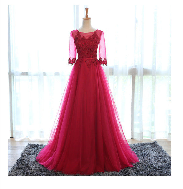 scoop neck half sleeve transparent lace embroidery a-line long evening dress