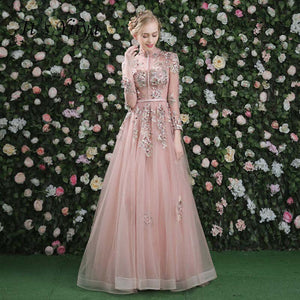it's yiiya pink long sleeves floral print lace up a-line evening dress floor length party gown evening gowns prom dresses