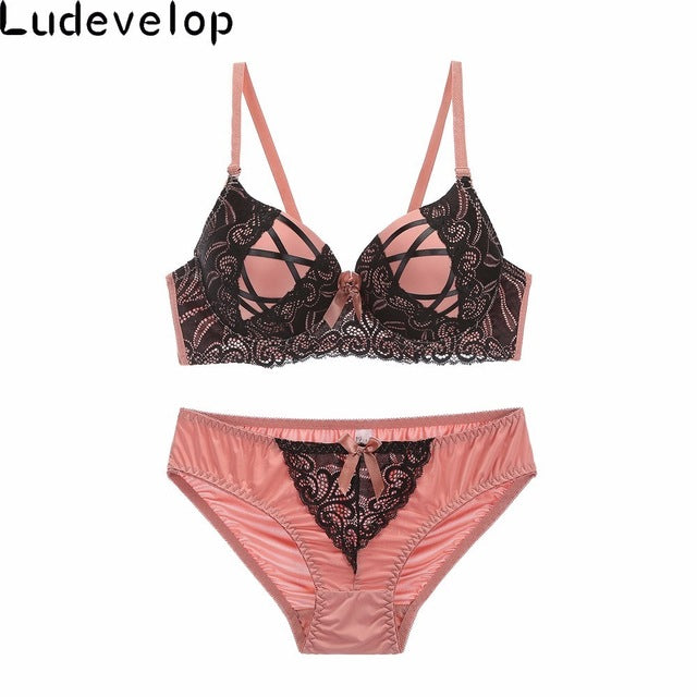 ludevelop new women lace underwear push up side support plunge bra and panty set lingerie plus size cross belt bras briefs sets