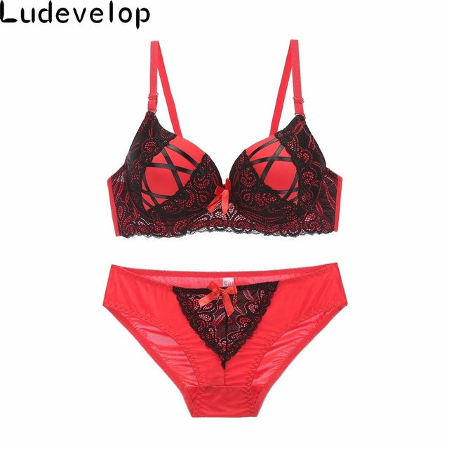 ludevelop new women lace underwear push up side support plunge bra and panty set lingerie plus size cross belt bras briefs sets