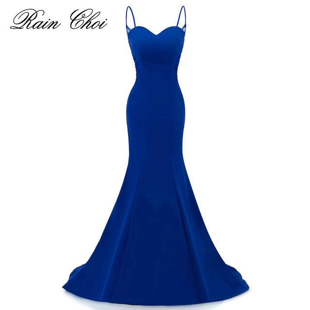empire mermaid royal blue evening dress straps party elegant vestido de festa long prom gown with appliques