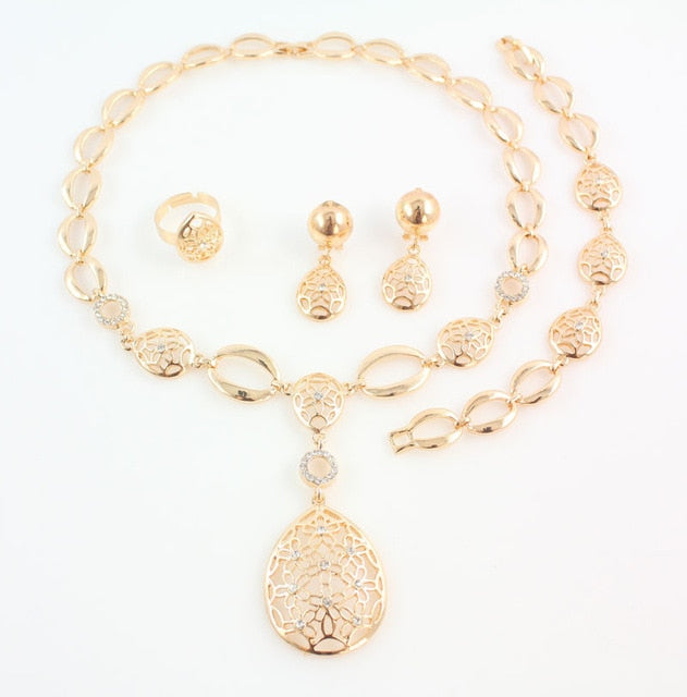 vintage clear crystal gold color necklace earrings set set