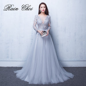 evening dresses 3/4 sleeves appliques silver formal gown long evening party dress vestido de festa