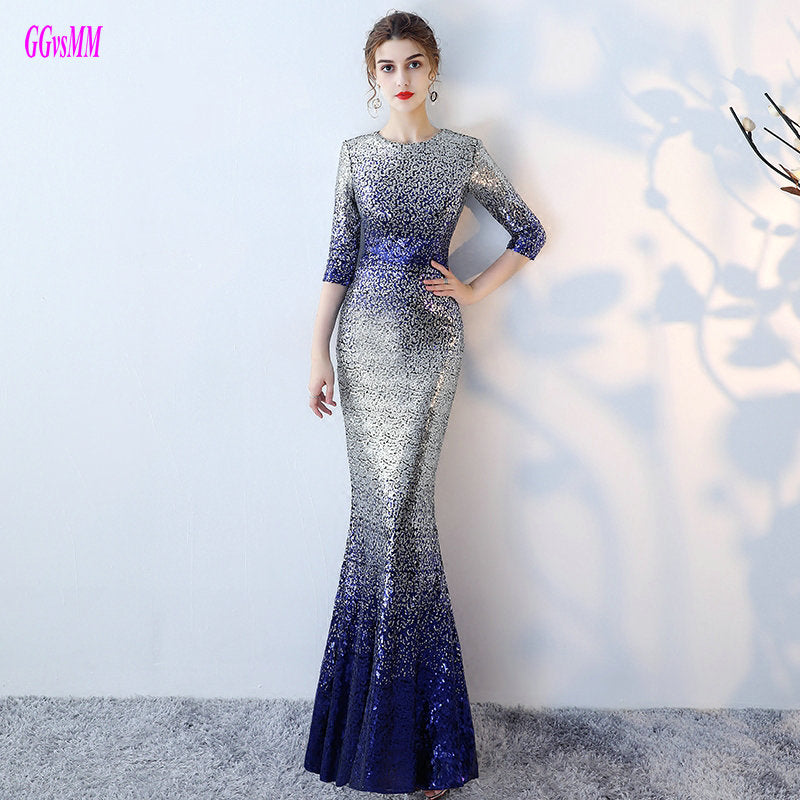 unique multi colors mermaid evening dresses sexy long evening party dress o-neck sequin sashes women formal evening gowns