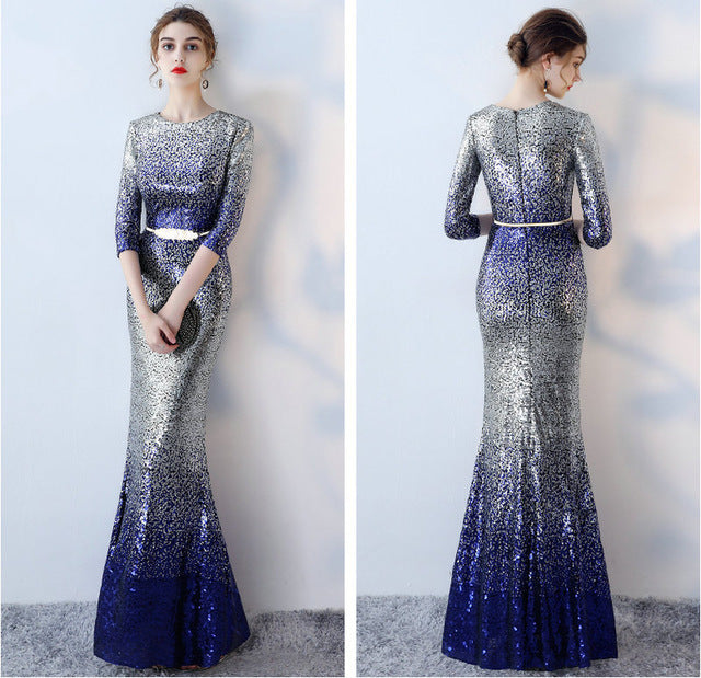 unique multi colors mermaid evening dresses sexy long evening party dress o-neck sequin sashes women formal evening gowns