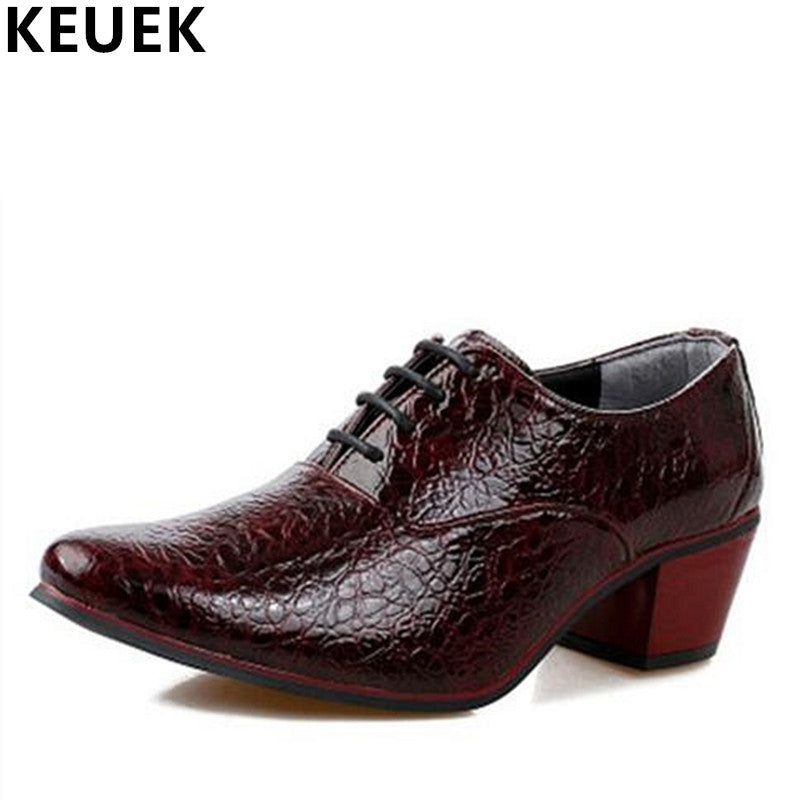 men pointed toe leather shoes lace-up alligator pattern busines dress shoes british style high heel male wedding shoes