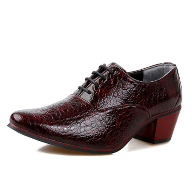 men pointed toe leather shoes lace-up alligator pattern busines dress shoes british style high heel male wedding shoes
