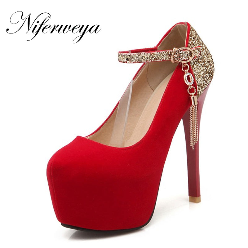fashion spring/autumn flock women red wedding shoes sexy round toe mary janes platform high heels