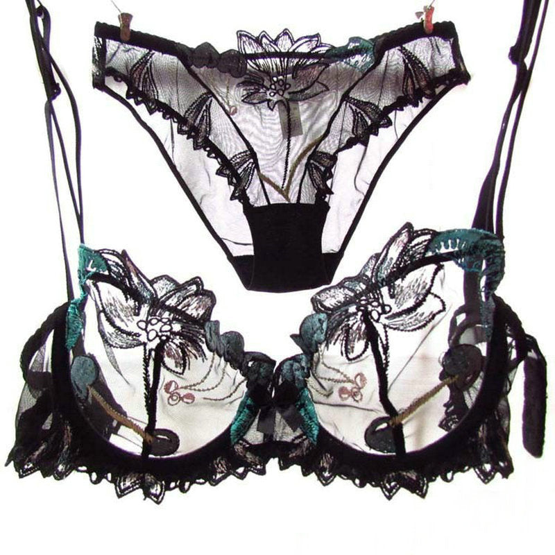 women underwer lingerie set sexy bra brief sets push up transparent lace embroidery unlined thin black bra panties white bra