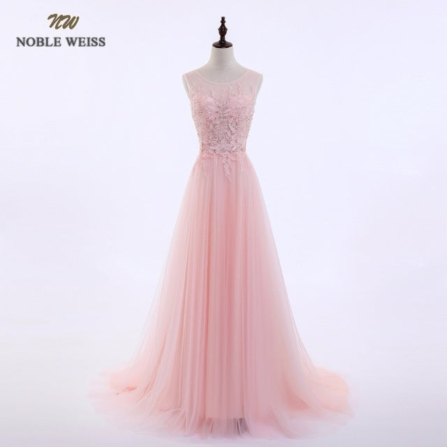 noble weiss sexy o-neck a-line sweep train tulle lace evening dress bare back cheap prom dresses robe de soiree party dress