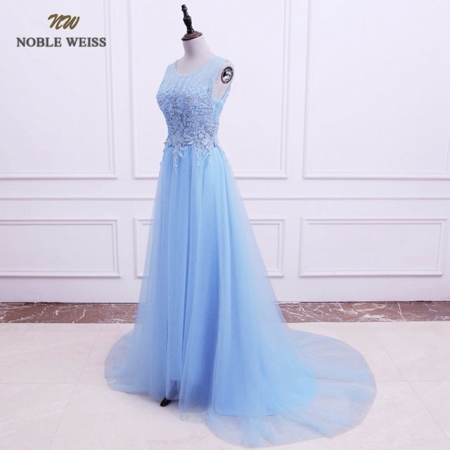 noble weiss sexy o-neck a-line sweep train tulle lace evening dress bare back cheap prom dresses robe de soiree party dress