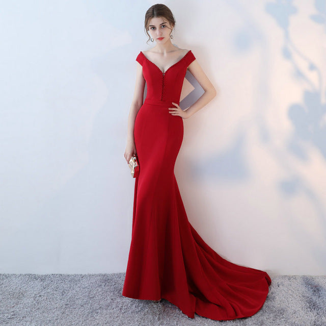 high quality elastic satin mermaid long sexy burgundy formal evening party dresses/gowns