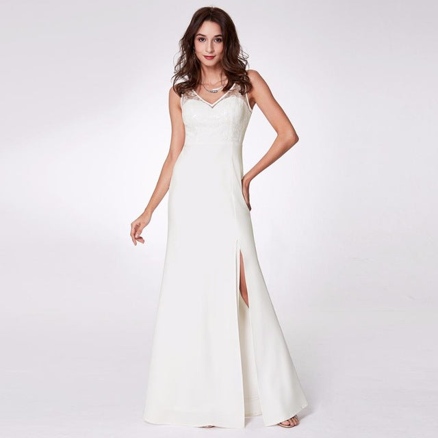 ever pretty women's fashion simple backless spaghetti strap long white party evening dresses with ruffles