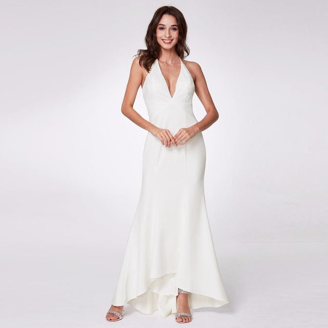 ever pretty women's fashion simple backless spaghetti strap long white party evening dresses with ruffles