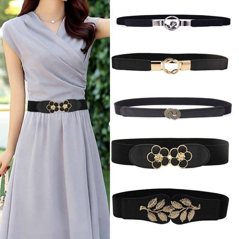 women elastic belt hot black waistband wide elegant gold buckle cummerbunds for women