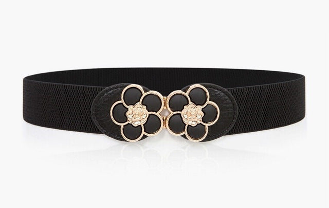 women elastic belt hot black waistband wide elegant gold buckle cummerbunds for women black color 3