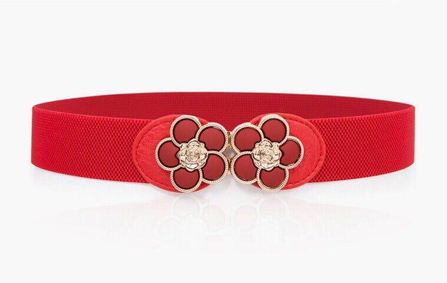 women elastic belt hot black waistband wide elegant gold buckle cummerbunds for women red color 3