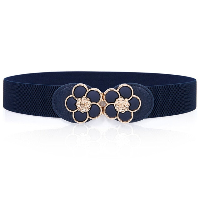 women elastic belt hot black waistband wide elegant gold buckle cummerbunds for women dark blue color 1