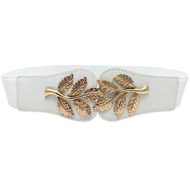 women elastic belt hot black waistband wide elegant gold buckle cummerbunds for women white color 3