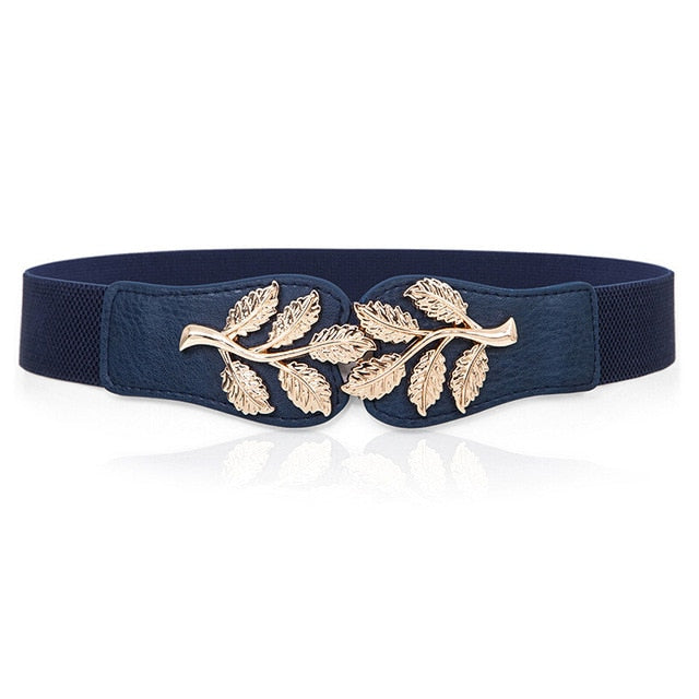 women elastic belt hot black waistband wide elegant gold buckle cummerbunds for women dark blue color 2