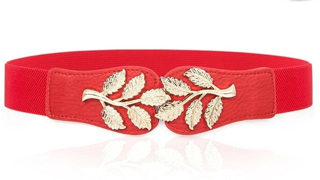 women elastic belt hot black waistband wide elegant gold buckle cummerbunds for women red color 4