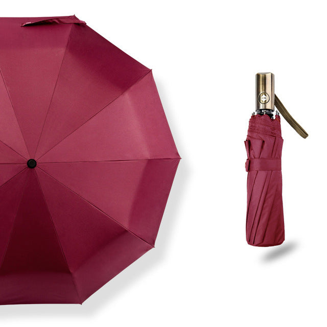 muerhua new luxury automatic three folding male commercial compact large strong frame windproof umbrellas business 10k parasol red