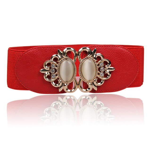 new black waistband lady gold big opal buckle wide cummerbunds wedding dress elastic stretch waist belt style 4 red