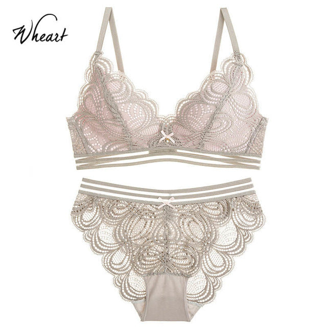 wasteheart new women fashion pink lace jacquard bow trim wireless sexy lingerie set cotton panties padded seamless bra sets