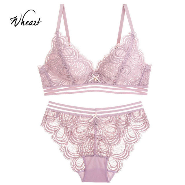 wasteheart new women fashion pink lace jacquard bow trim wireless sexy lingerie set cotton panties padded seamless bra sets