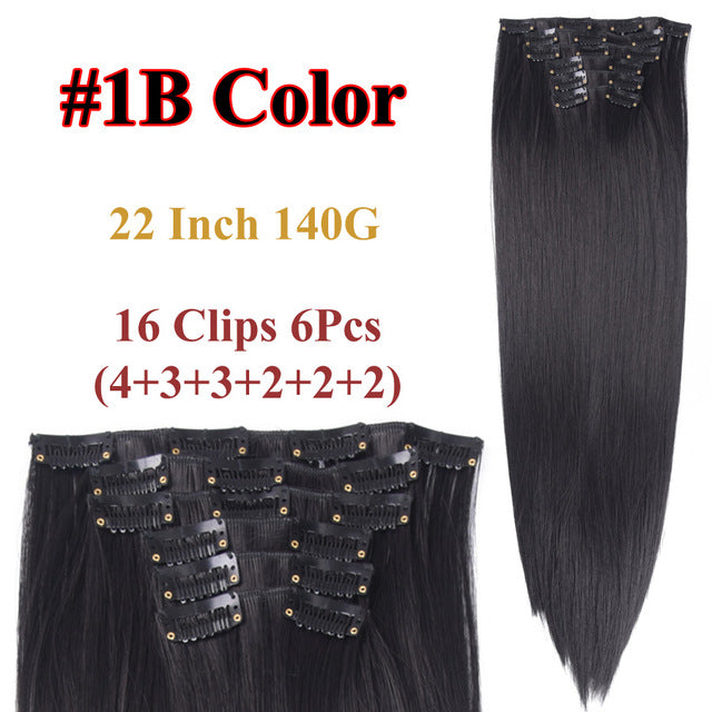 heat resistant 6pcs/set 16 clips full head 55cm straight synthetic fiber hairpieces clip in on hair extensions #1b / 22inches