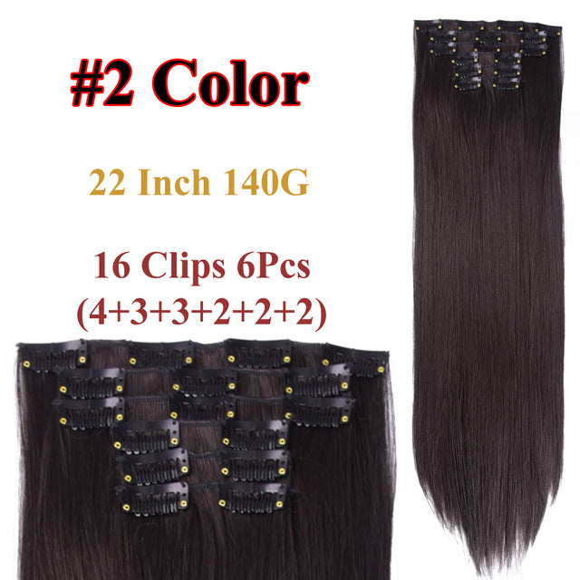 heat resistant 6pcs/set 16 clips full head 55cm straight synthetic fiber hairpieces clip in on hair extensions #2 / 22inches