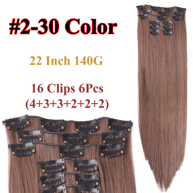 heat resistant 6pcs/set 16 clips full head 55cm straight synthetic fiber hairpieces clip in on hair extensions #3 / 22inches