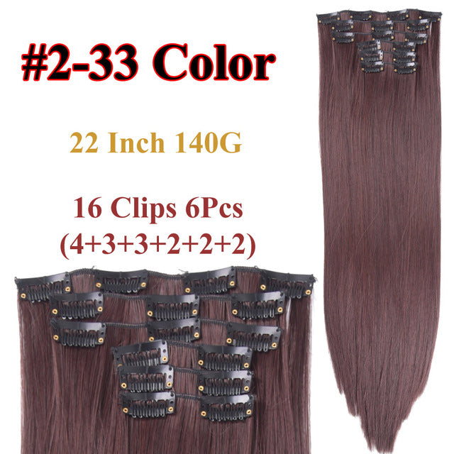 heat resistant 6pcs/set 16 clips full head 55cm straight synthetic fiber hairpieces clip in on hair extensions #4 / 22inches