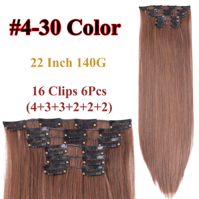 heat resistant 6pcs/set 16 clips full head 55cm straight synthetic fiber hairpieces clip in on hair extensions #5 / 22inches