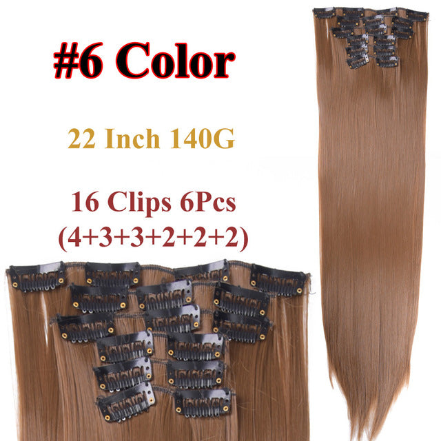 heat resistant 6pcs/set 16 clips full head 55cm straight synthetic fiber hairpieces clip in on hair extensions #6 / 22inches