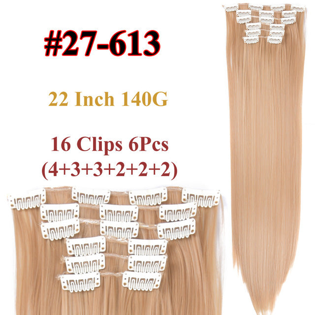 heat resistant 6pcs/set 16 clips full head 55cm straight synthetic fiber hairpieces clip in on hair extensions #8 / 22inches