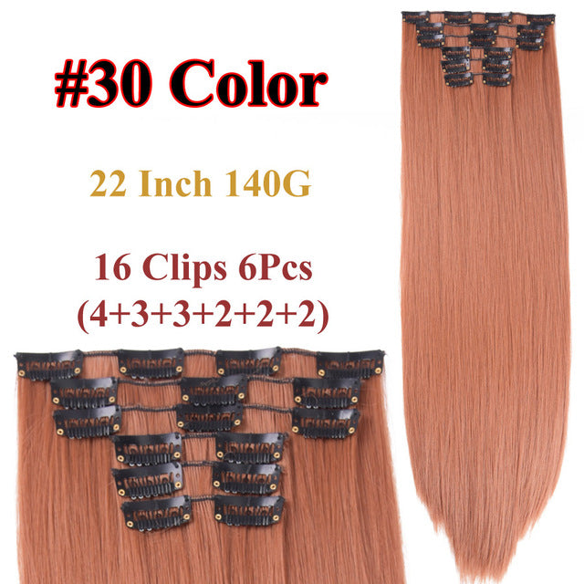 heat resistant 6pcs/set 16 clips full head 55cm straight synthetic fiber hairpieces clip in on hair extensions #10 / 22inches