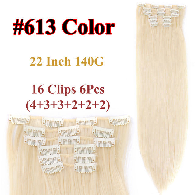 heat resistant 6pcs/set 16 clips full head 55cm straight synthetic fiber hairpieces clip in on hair extensions #16 / 22inches