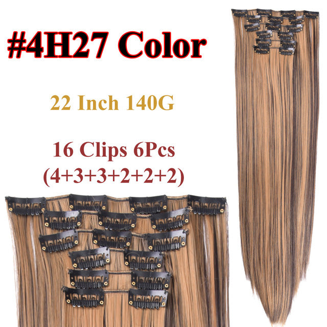 heat resistant 6pcs/set 16 clips full head 55cm straight synthetic fiber hairpieces clip in on hair extensions #17 / 22inches