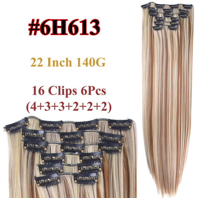 heat resistant 6pcs/set 16 clips full head 55cm straight synthetic fiber hairpieces clip in on hair extensions #18 / 22inches