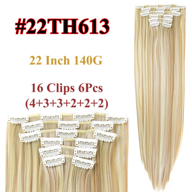 heat resistant 6pcs/set 16 clips full head 55cm straight synthetic fiber hairpieces clip in on hair extensions #22 / 22inches
