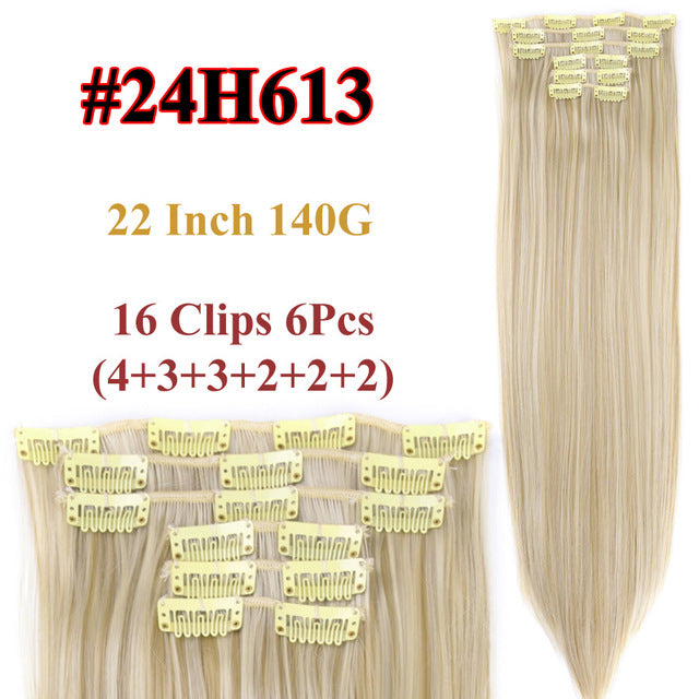heat resistant 6pcs/set 16 clips full head 55cm straight synthetic fiber hairpieces clip in on hair extensions #24 / 22inches